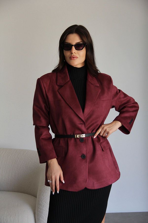 Julidress Burgundy Padded Lined 3 Buttoned Premium Blazer Suede Jacket Trendyol