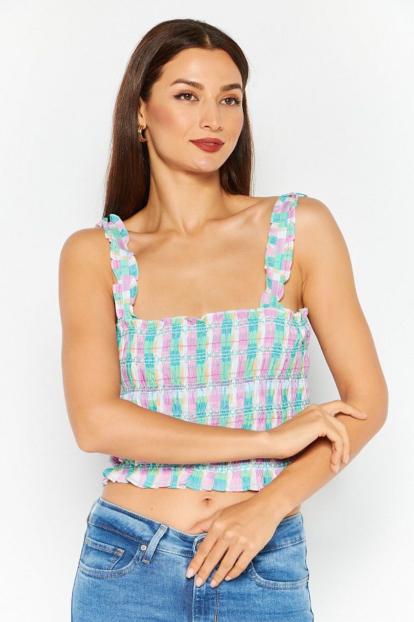 French Connection-Women Square Neck Sleeveless Checkered Top, Lilac 1