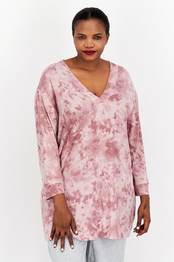 Jenni Intimates Women Plus Size Tie Dye Long Sleeve Sleepwear Top Light Purple Trendyol