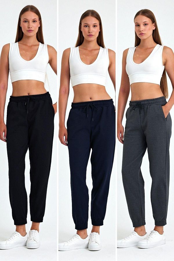 mmetalic Women s Black Navy Anthracite Cotton Thick Leg Elastic High Waist Comfortable Jogger 3 Piece Tracksuit Bottom Trendyol
