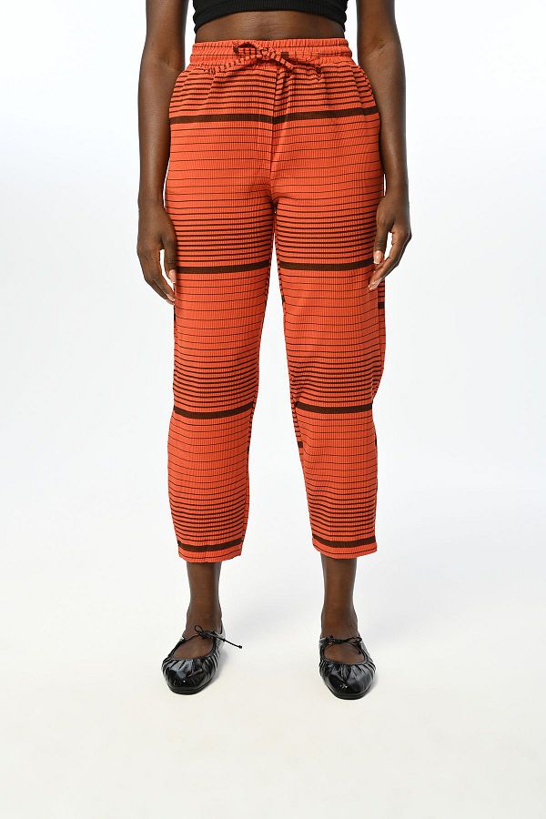 Orfeo Negro-Horizontal Line Patterned Comfortable Trousers with Elastic Waist 1