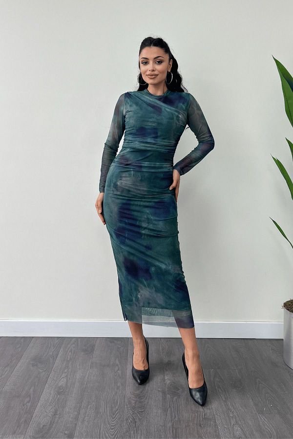 giyimmasal Turquoise Pencil Dress Tulle Fabric Drape Detailed Trendyol
