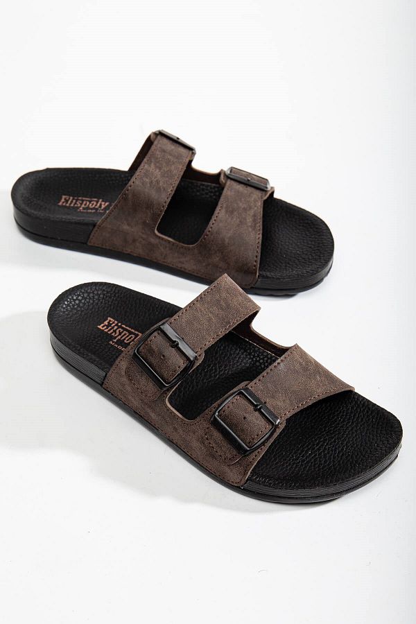 Ccway-Men's 2 Buckle Belted Slippers Brown 1