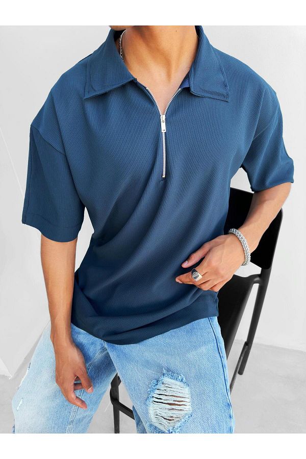 ablukaonline-Men's Zippered Polo Neck T-shirt Navy Blue 1