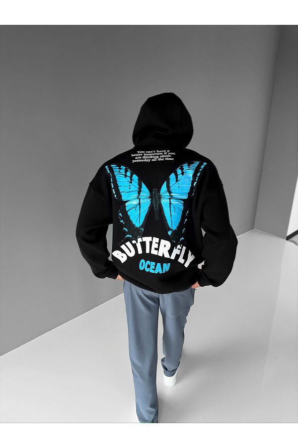 ablukaonline Men s Oversize Butterfly Printed Hoodie Black Trendyol