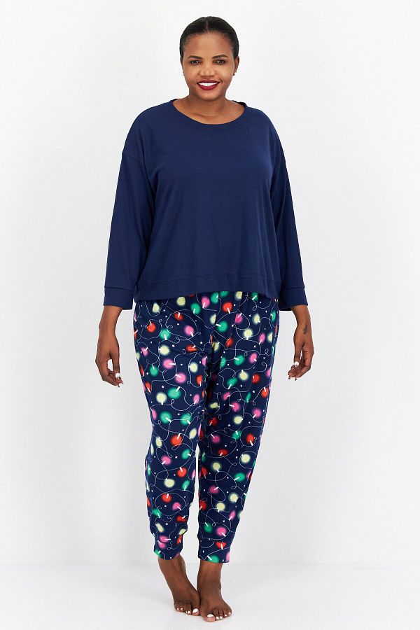 Jenni Intimates Women 2 Piece Plus Size Long Sleeve Pyjama Set Navy Blue Combo Trendyol