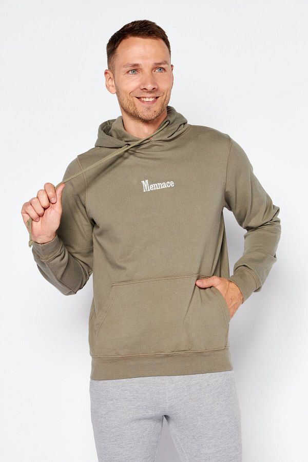 Mennace Men Hooded Embroidered Logo Long Sleeves Sweatshirt Olive Trendyol