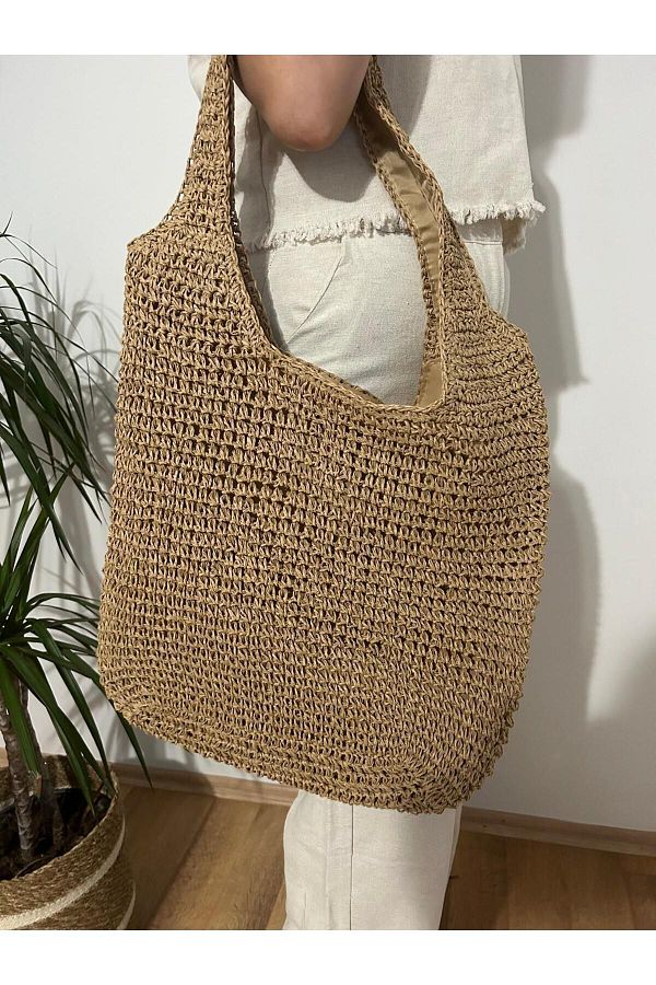no 39 company Camel Colored Straw Bag Large Lining and Zipper Detail Trendyol
