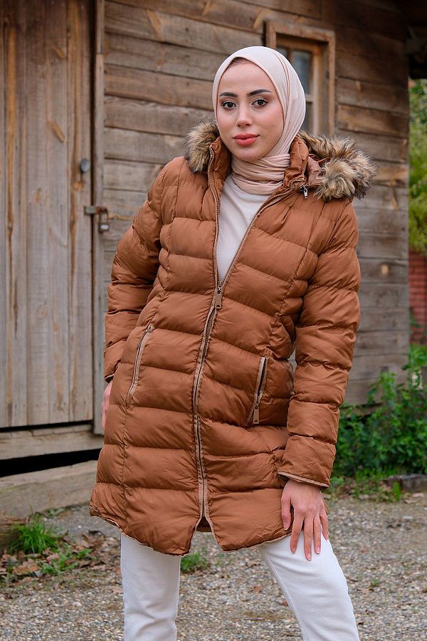 LOCCO Tan Hooded Fur Puffer Jacket Trendyol