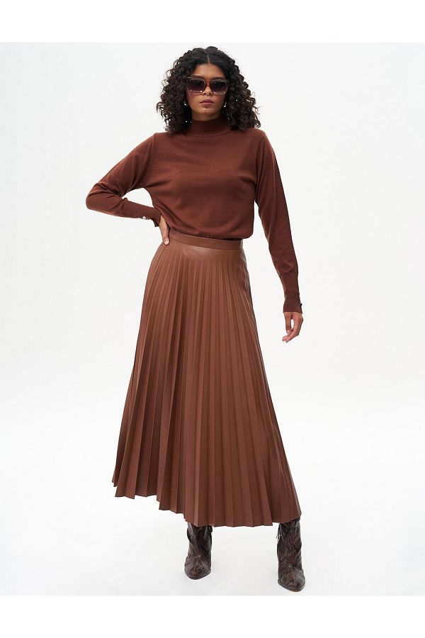 Kayra Tan Pleated Faux Leather Skirt Zipper Detailed Trendyol