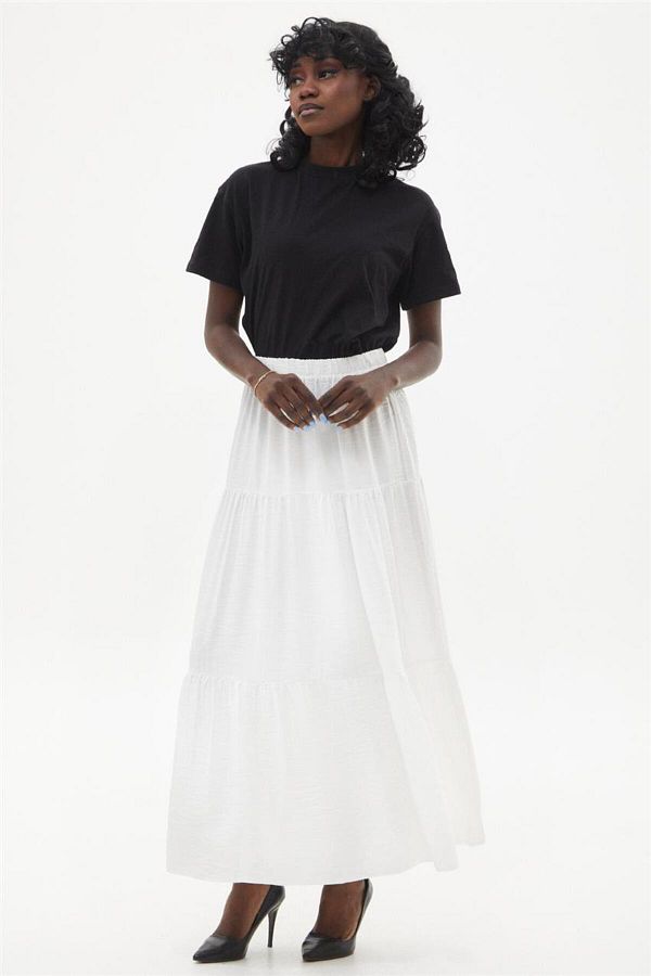 Mood Elite White Linen Flared Skirt Elastic Waist Trendyol