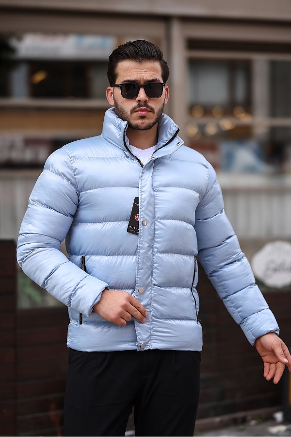kotpan denim-Men's Blue Stand Collar Windproof Water Repellent Shiny Puffer Jacket 1