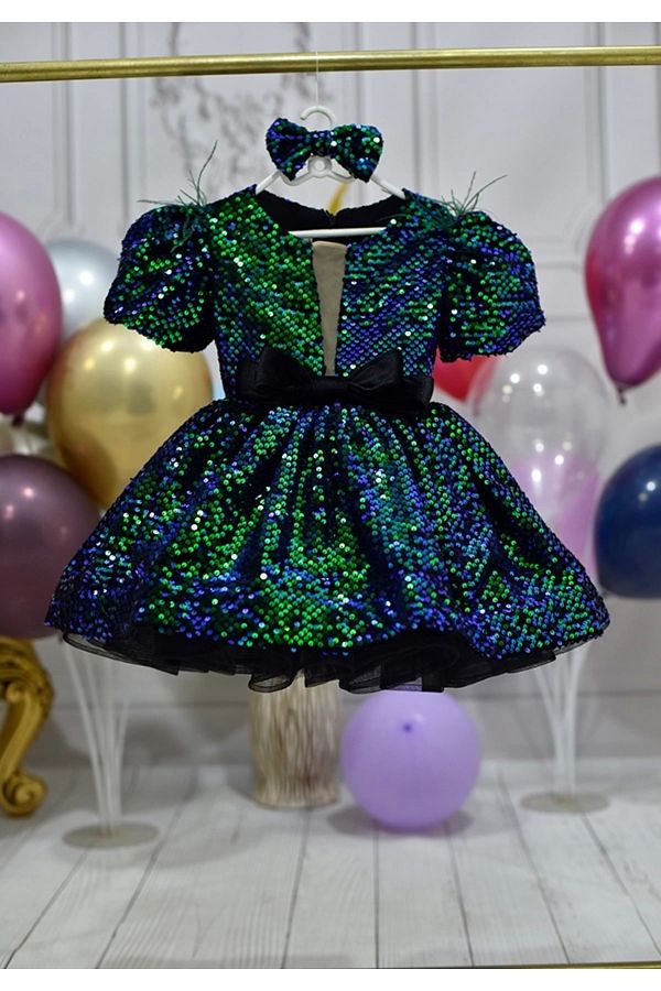 ELLUSSİ-Emerald Green Hologram - Front Low-Cut Short Balloon Sleeve Girl's Dress 1