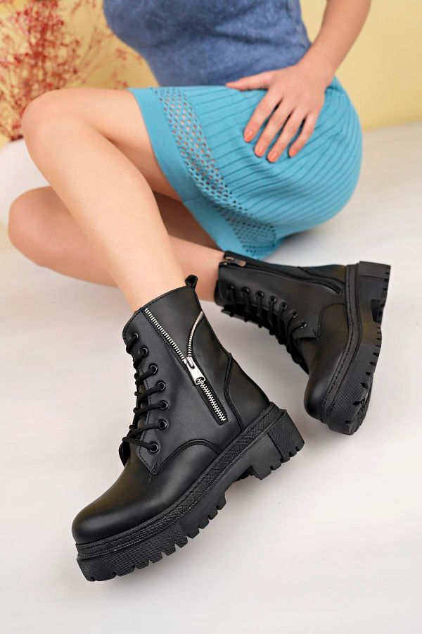Aymood Black Women s PU Leather Boots Winter Thick Sole Zippered Lace Up Medium Size 5 cm Heel Daily Trendyol