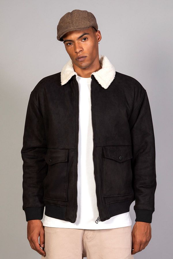 Little Cup Men s Black Collar Fur Lined Quilted Oversize Suede Jacket Trendyol