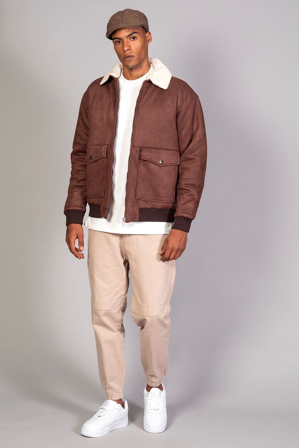 Little Cup Men s Brown Collar Fur Lined Quilted Oversize Suede Jacket Trendyol