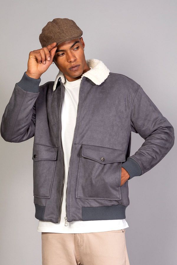 Little Cup Men s Gray Oversize Suede Jacket with Fur Collar and Quilted Inside Trendyol