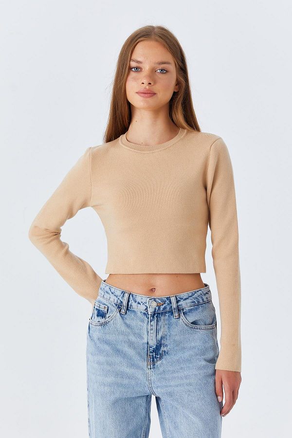 Mixray-6727 Model Crop Knitwear Pulover de damă - Gât crew, Camel 1