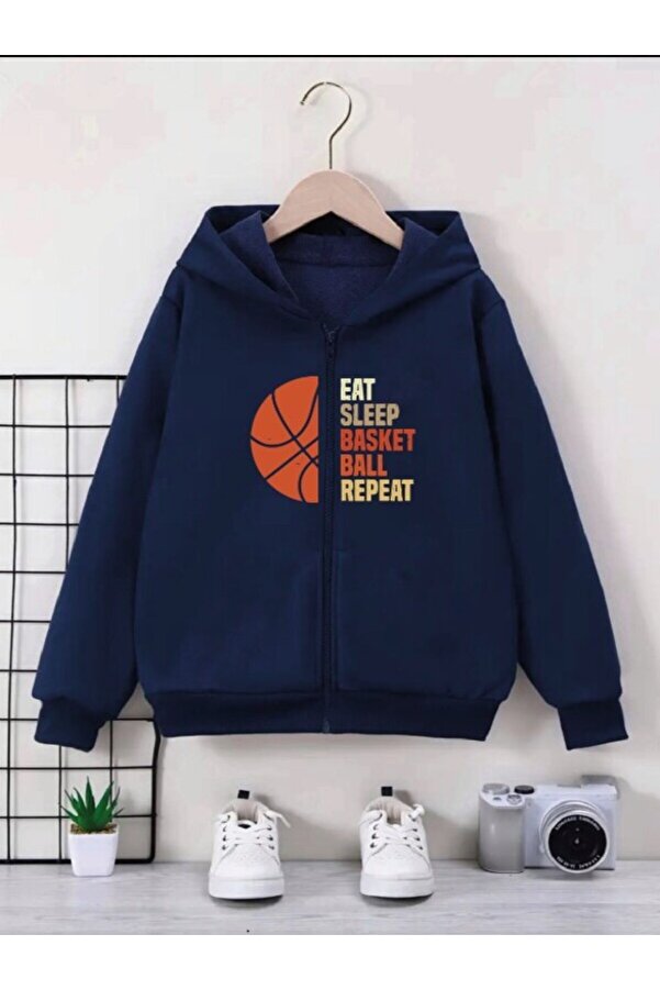 MORNİNG KİDS Erkek Çocuk Lacivert Kapşonlu Şardonlu Basketbol Repeat Baskılı Fermuarlı Hırka