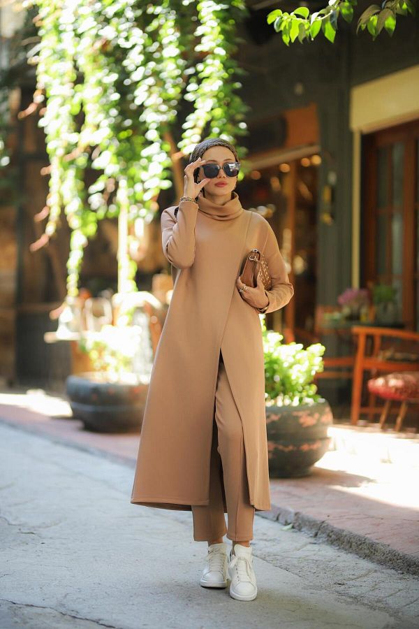 NS Moda Women s Turtleneck Tunic Trousers Set Mink Model 487 Trendyol