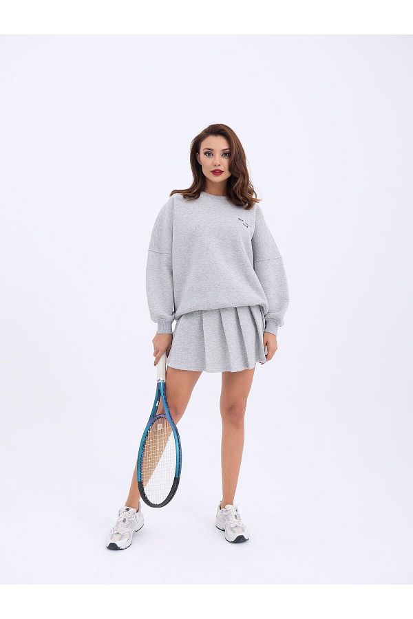 Fame-Gray Women's Sweatshirt and Skirt Set 1