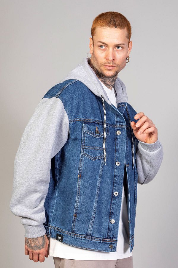 Little Cup Men s Oversize Blue Sleeves Fleece Hooded Denim Jacket Trendyol