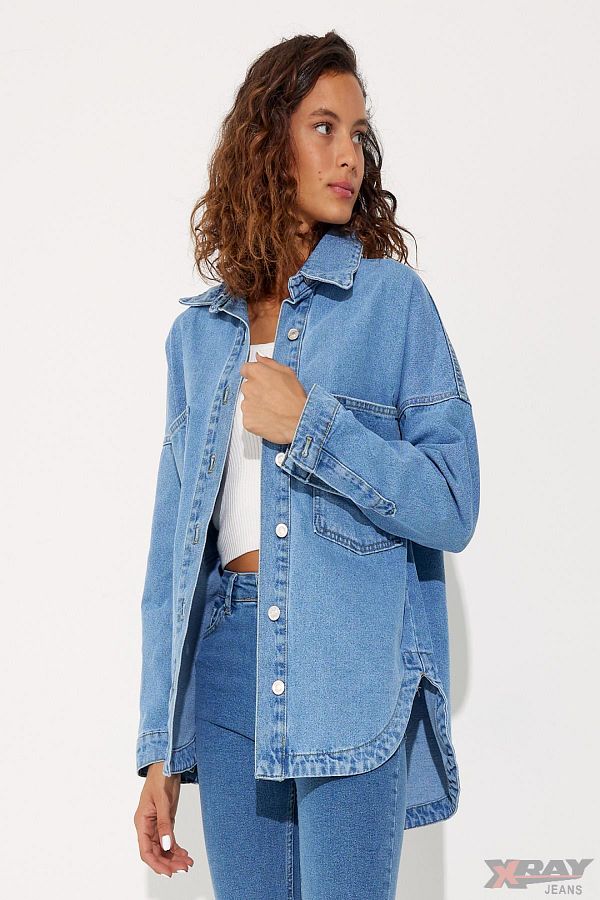 XRAY JEANS Women s Jeans Long Buttoned with Chest Pocket Hijab Light Blue Denim Jacket Trendyol