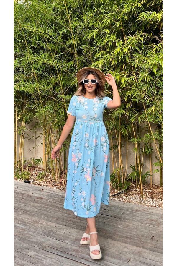 yukselonline Women s Short Sleeve Flower Print Midi Length Single Jersey Dress Trendyol
