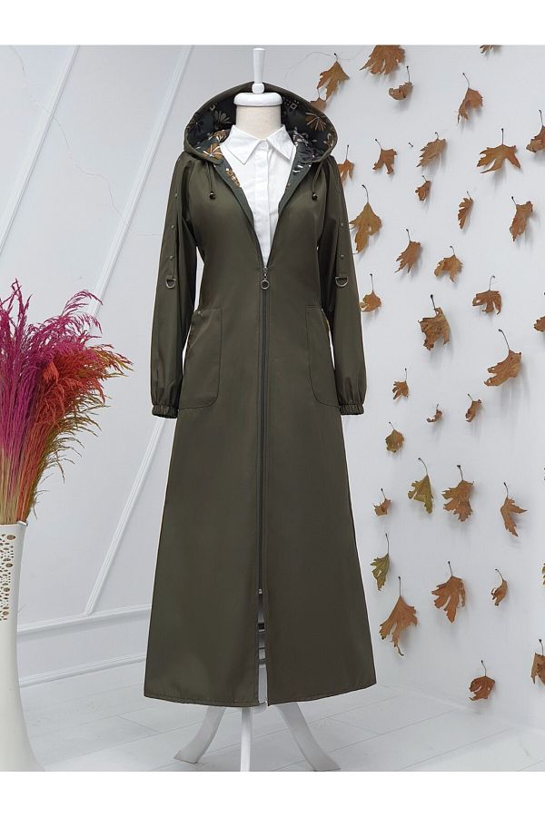 Modamorfo-Detaillierter Trenchcoat mit Reißverschluss und Kapuze aus Metall – Khaki 1