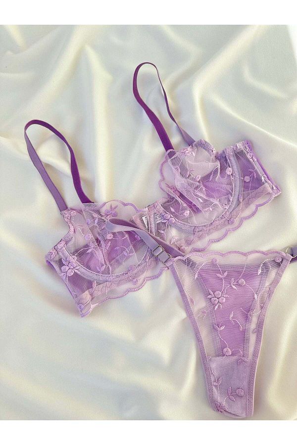 Snowdrop-Lila Spring Flower Lace Underwire Lingerie Set 1