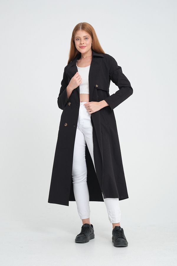 Soydan Guner Black Summer Trench Coat Raglan Sleeve Intermediate Length Unlined 120 CM 7558 Trendyol