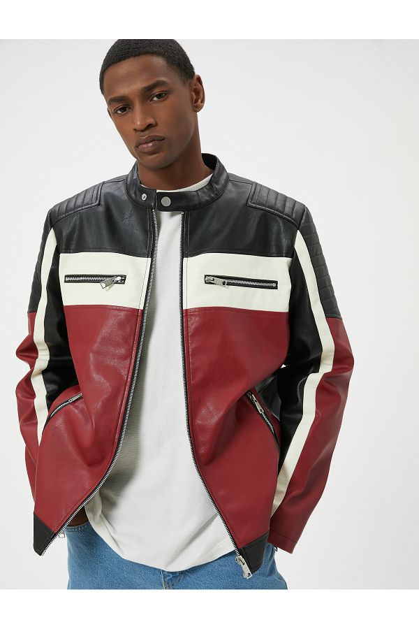 Koton Faux Leather Slim Fit Racer Jacket Color Block Pocket Stand Collar Trendyol
