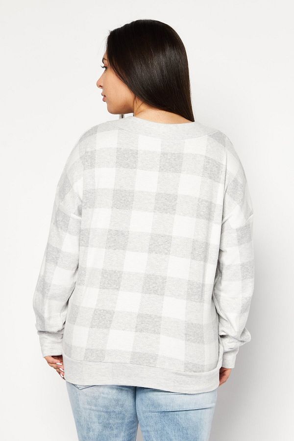 Felina Women V Neck Checkered Sweatshirt Grey Trendyol