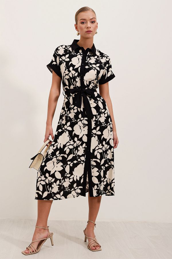 Bigdart-2455 Gemustertes Hemdblusenkleid - Schwarz 1