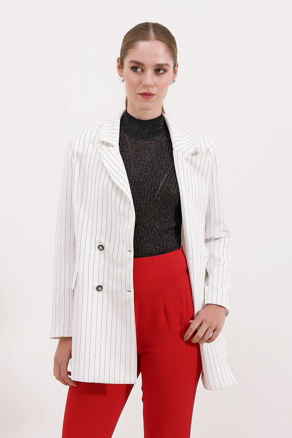 Bigdart Women s White Double Buttoned Striped Blazer Jacket 0699 Trendyol