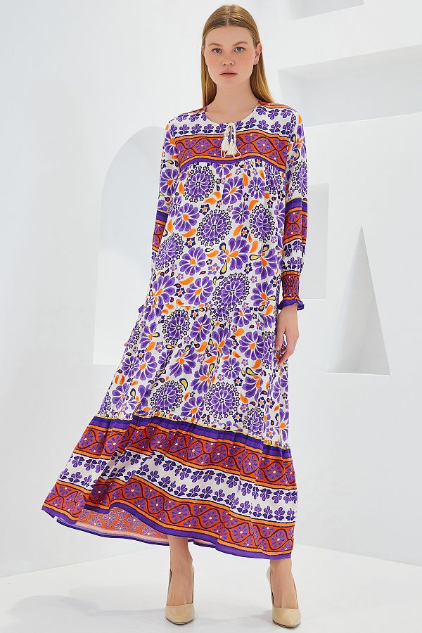 Bigdart-Purple Brick Patterned Viscose Long Women's Dress - 1947 1