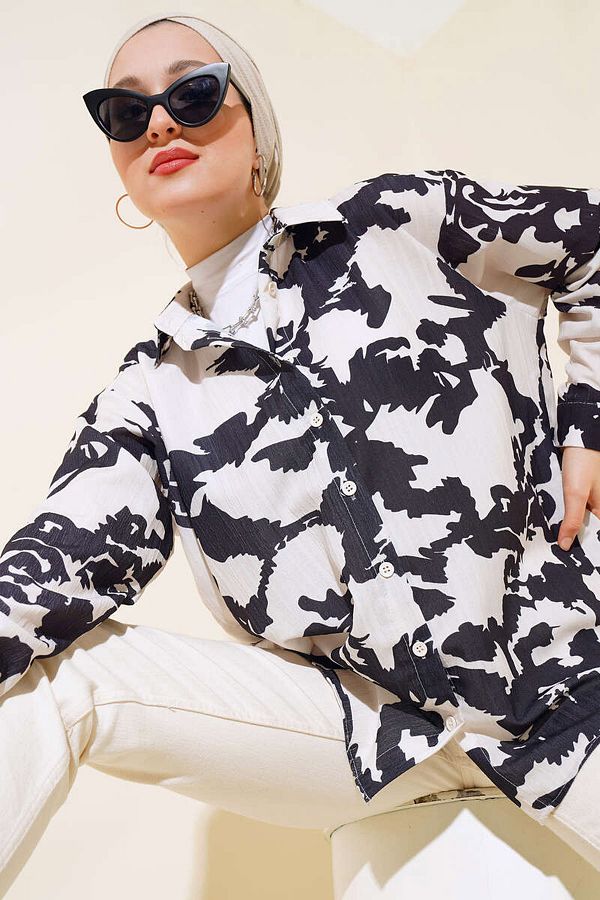 Bigdart-20179 Patterned Long Oversize Shirt - Ecru 1