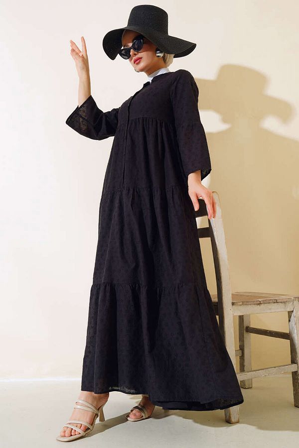 Bigdart-Women's Black Scalloped Patterned Linen Dress 2469 1
