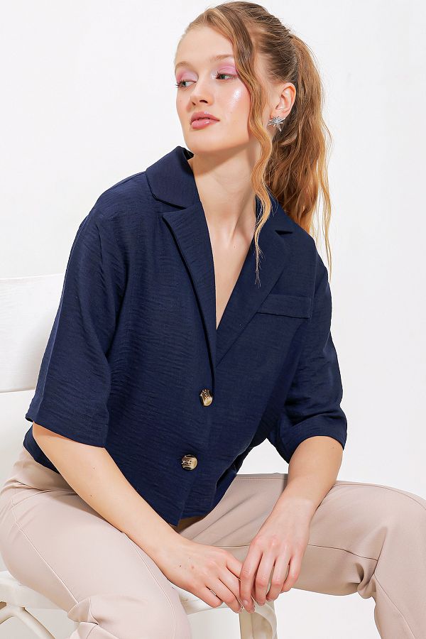 Bigdart-Navy Blue Linen Oversize Crop Jacket - Double Button 0706 1