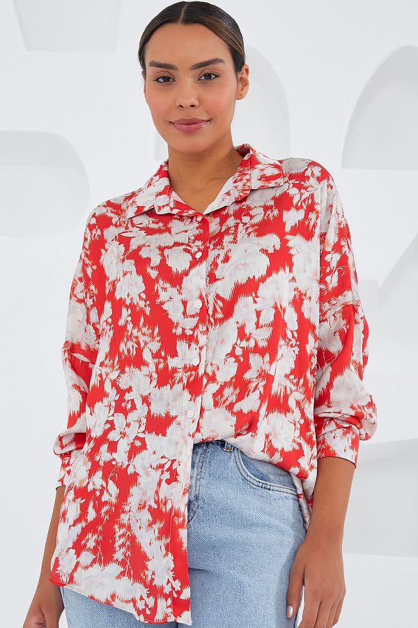 Bigdart-Women's Red and White Patterned Oversize Satin Shirt 3985 1