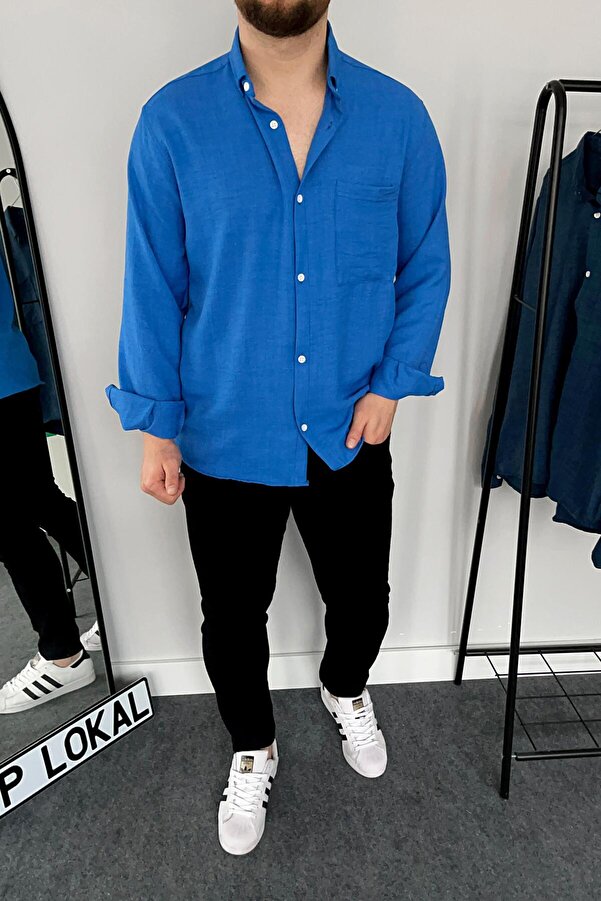 VİP LOKAL Sax Blue Single Pocket Linen Shirt- Trendyol