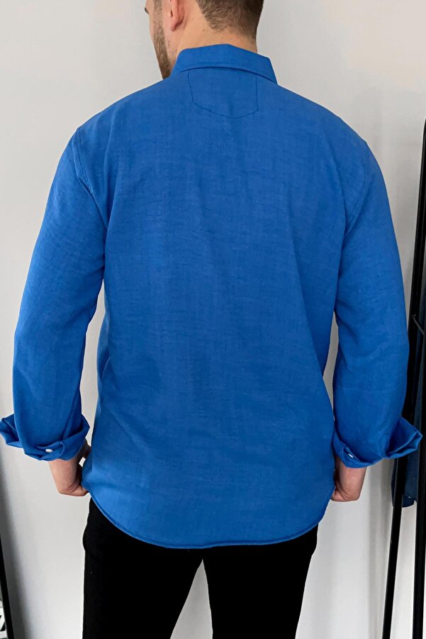 VİP LOKAL Sax Blue Single Pocket Linen Shirt- Trendyol