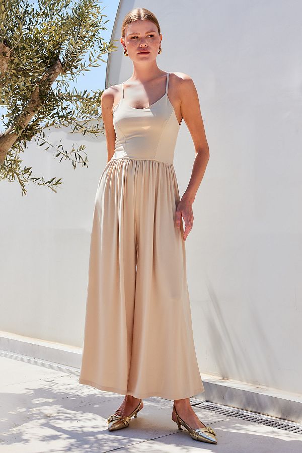 Bigdart-Bézs 7029 modell széles lábú pántos jumpsuit 1