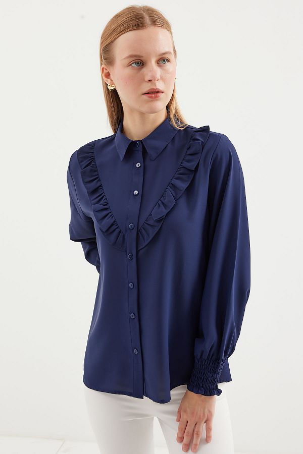 Navy blue ruffle shirt store