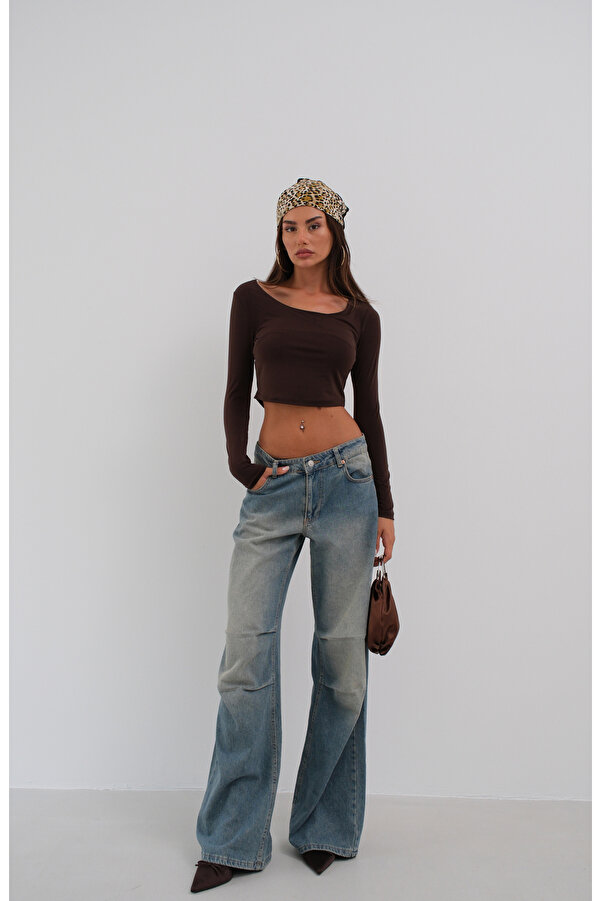 Black Fashion Square Collar Brown Crop Top- Trendyol