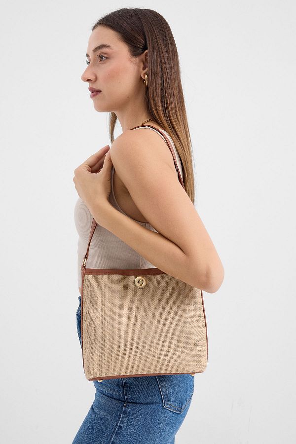 Bigdart-010174 Tan Straw Shoulder Bag - with Puppy 1