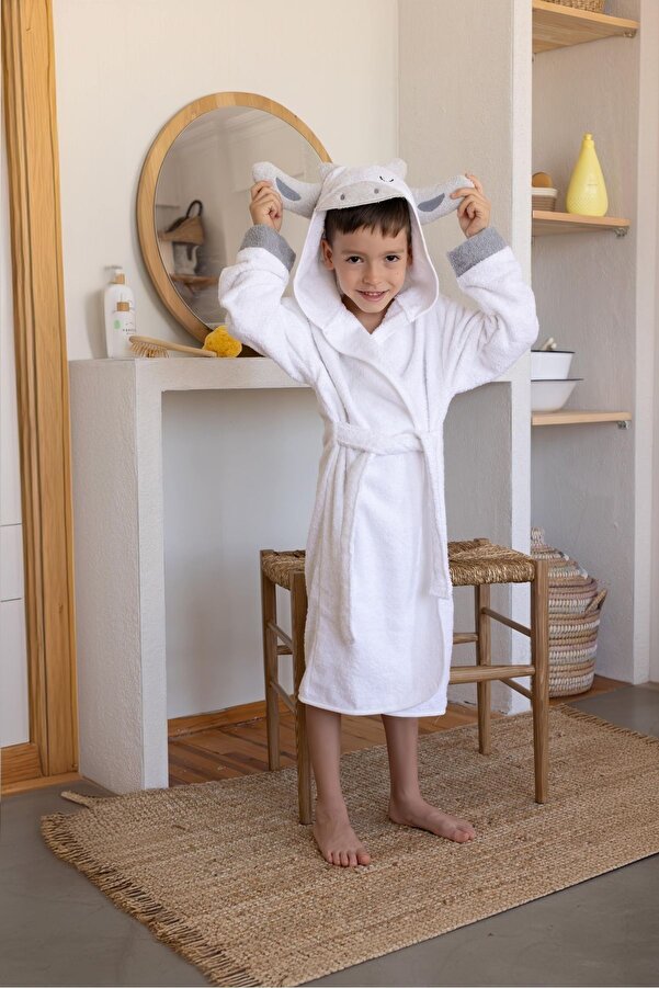 zenginhome Kapüşonlu Çocuk Bornozu Pamuklu Kulaklı Hayvan Figürlü-inek