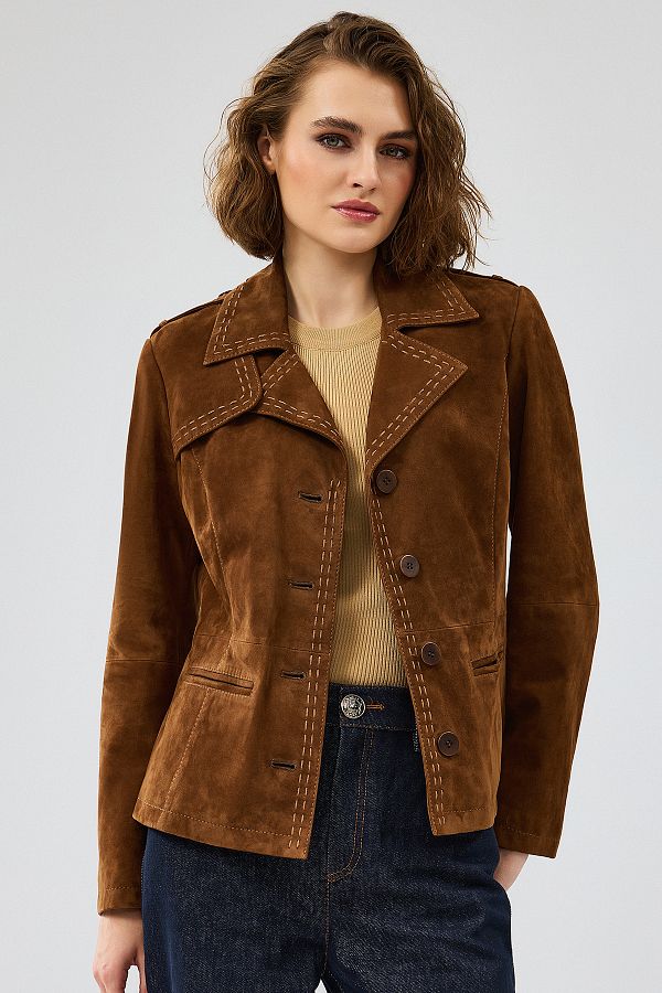 Derimod Giselle Women s Tan Short Suede Leather Jacket 24Wgd 525210 Trendyol