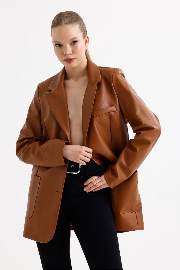 Tan faux leather jacket discount