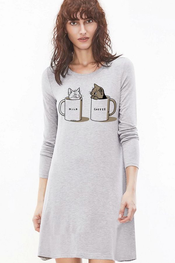 ROCKANDROLL-Rochie tricou din bumbac pieptănat cu mânecă lungă, uni lăptoasă, pentru femei 1